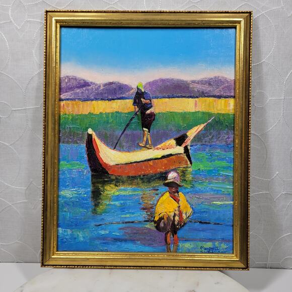Vintage Boat Fisherman Oil Painting Canvas Framed Art Hanging Decor Signed - Picture 1 of 16